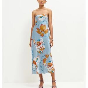 Reformation Joana Silk Dress Hyperion Print Strapless Floral Midi 0 Tropical